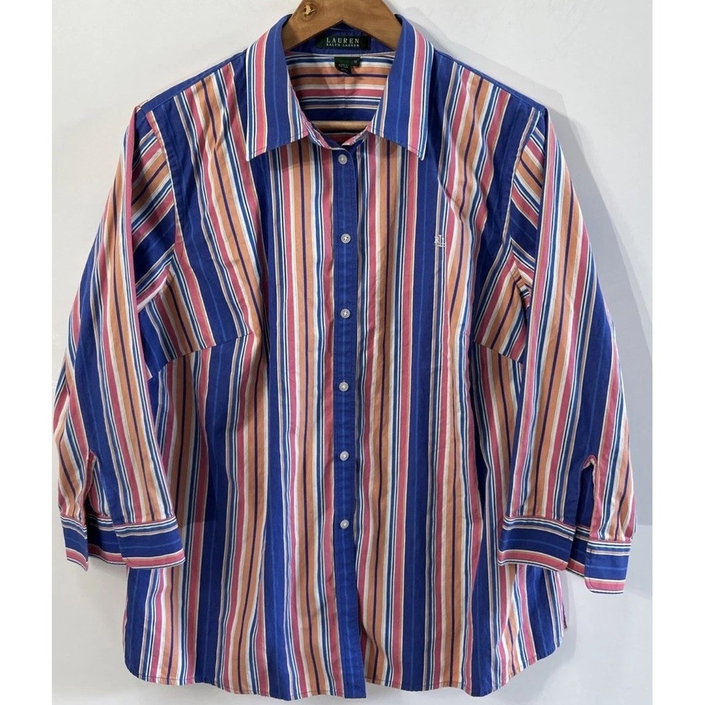 Women's Lauren Ralph Lauren Stripe Button Down 3/4 Sleeve Shirt Sz 1X EC Career